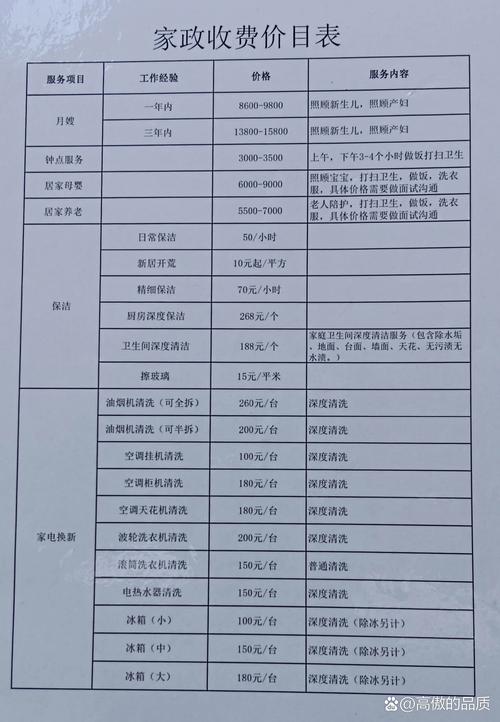 家政服务收费标准一般是多少？